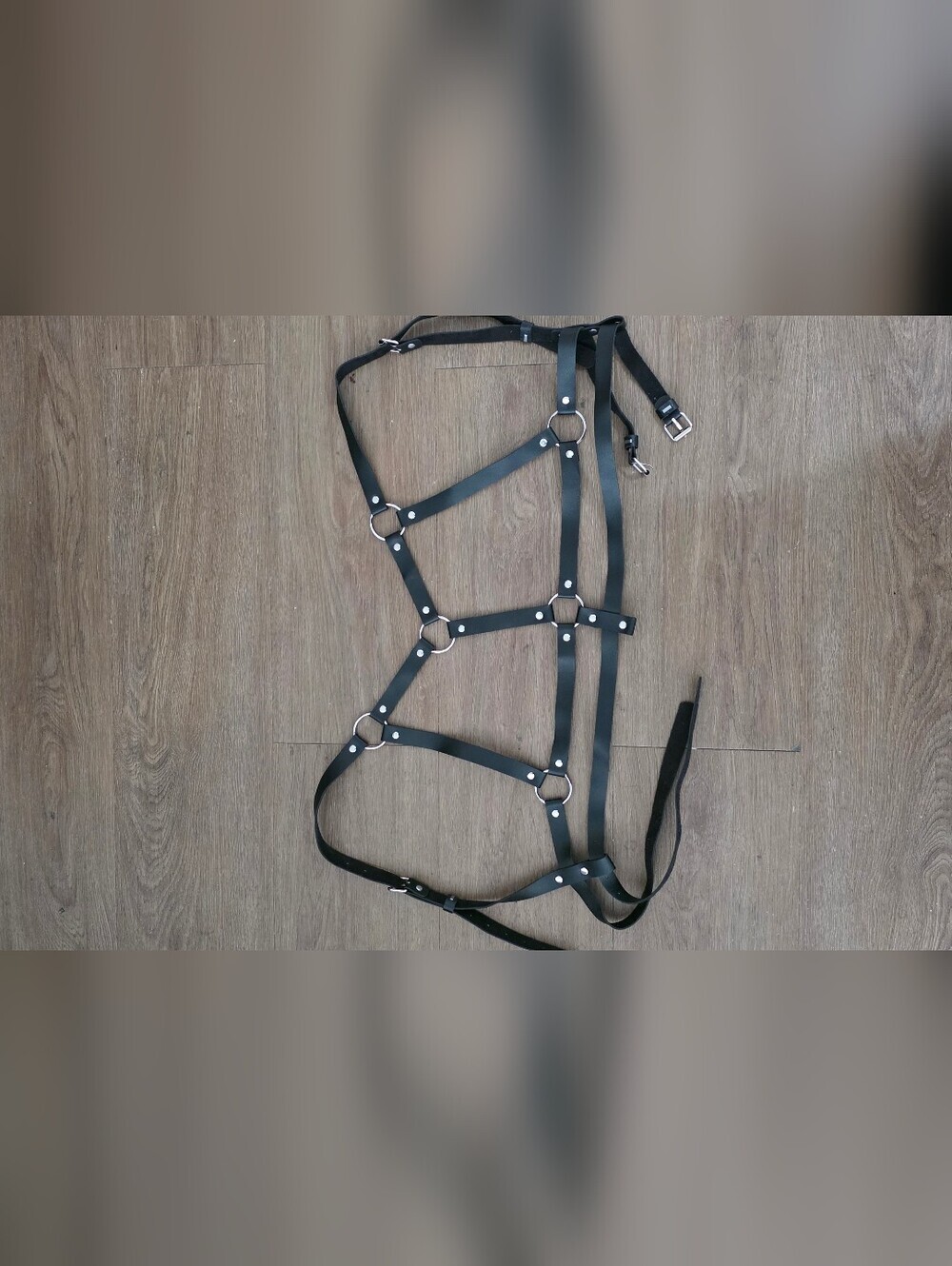 Black Strappy Leather Half  Harness with Silver Rings